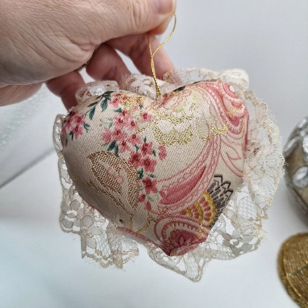 Lot of 4 Vintage Ornaments Beaded Bel1 Fabric Handmade Heart Decoupage Heart